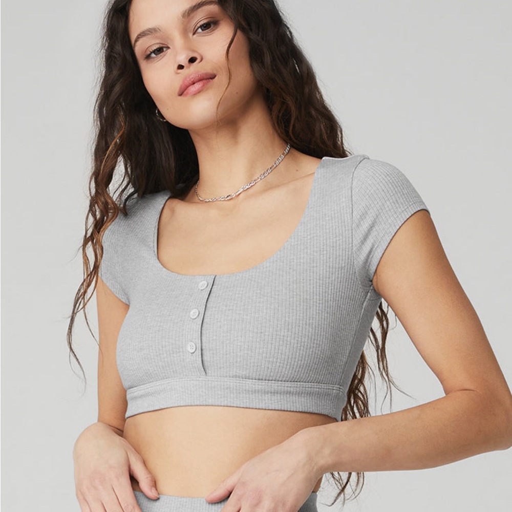ALO blissful henley athletic bra top - athletic heather grey small